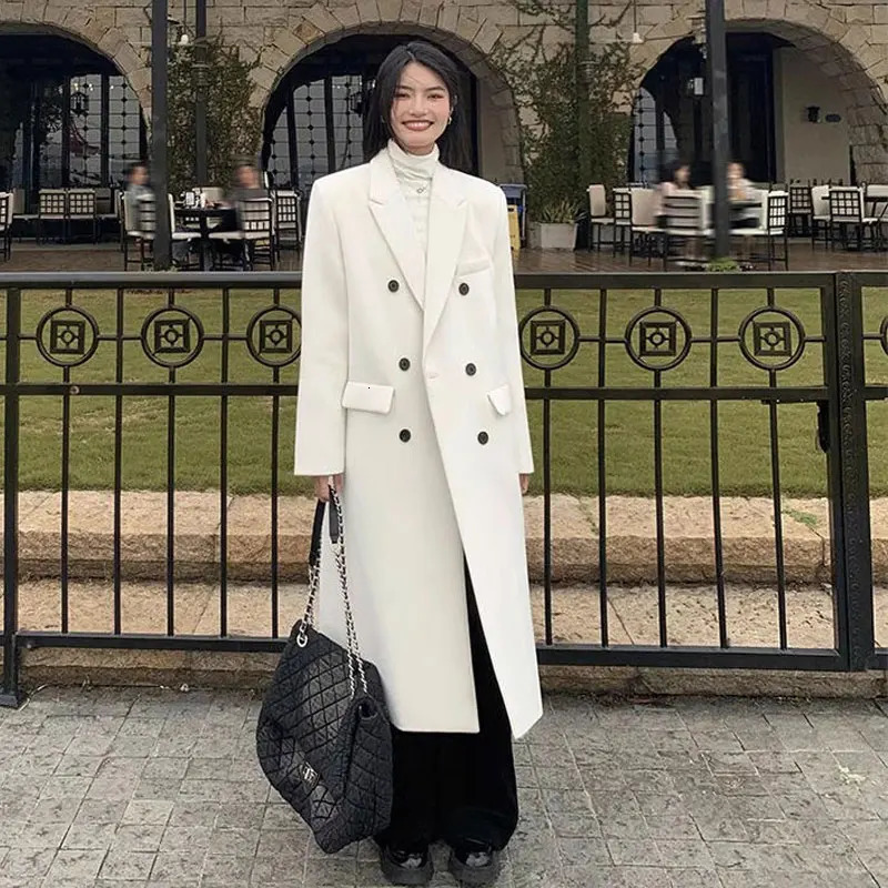 Women's Wool Blends Korea White Windbreaker Woolen Coat Woman Winter Autumn Turn Down Collar Double Breasted Thick Warm Long Ladies Coat Outwear 
