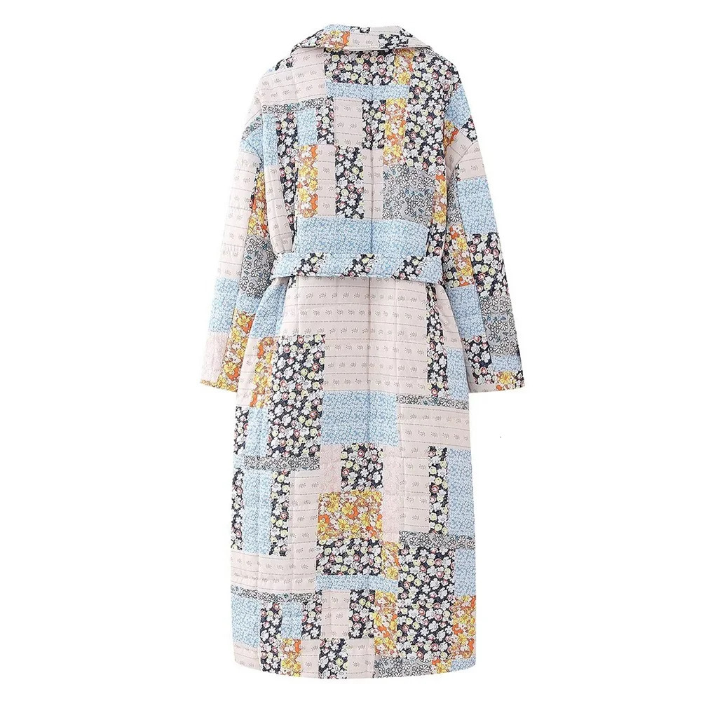 Women's Wool Blends PB ZA 2023 Autumn Fashion European and American Style Casual Belt Printed Quilted Cotton Long Coat 231026