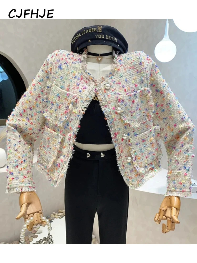 Women's Jackets CJFHJE Fragrant Coat Women's Autumn Winter French Fashion Rainbow Color Tweed Fringed Coat Ladies Sweet Short Wool Jacket 23