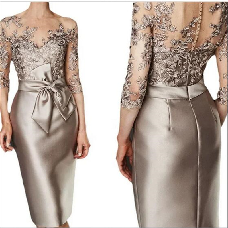 of the Bride Dresses Short O Neck Brown Mother Formal Wedding Guest Gown Knee Length Three Quarter Sleeves Evening Dress