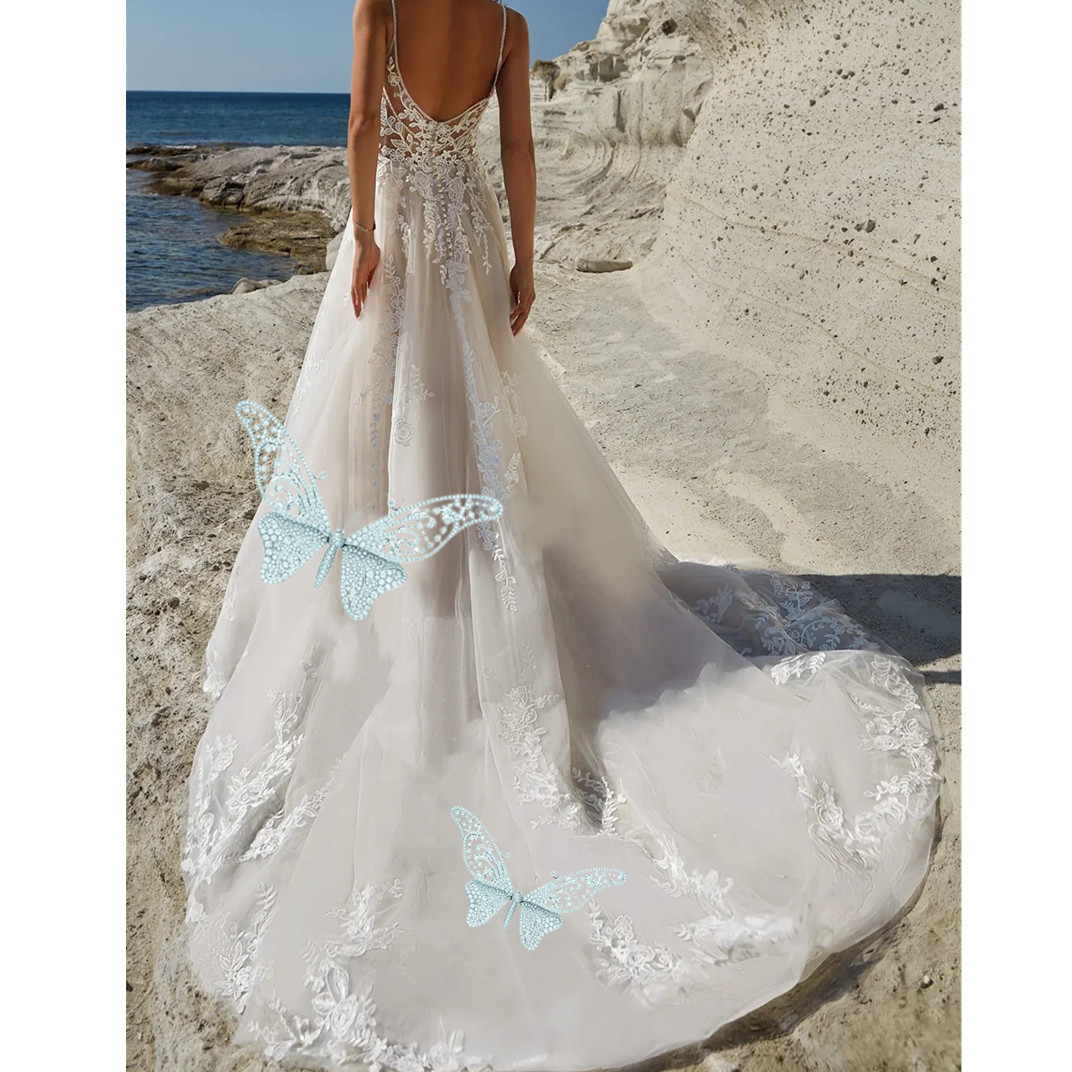 V Neck Side Split Wedding Dresses Backless A-E Lace Appliqued Boho Party Gowns Vestidos De Novia 6660312