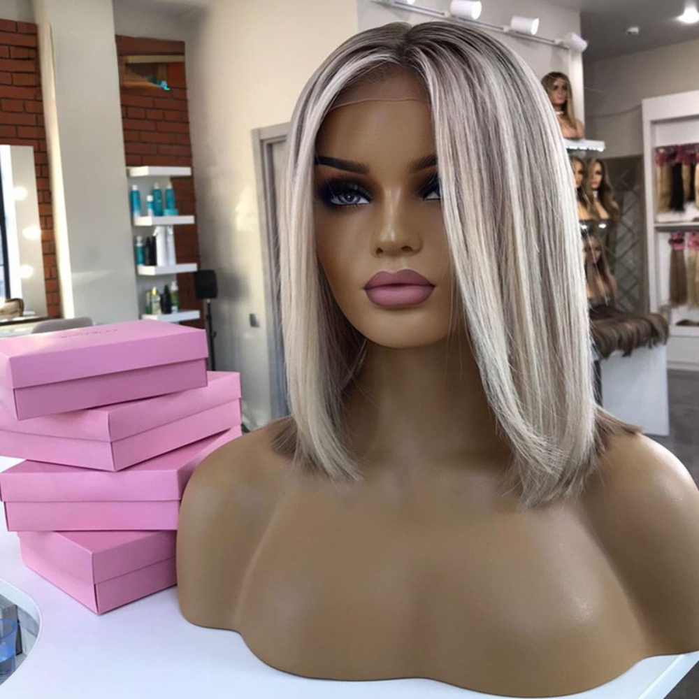 Peruvian Human Hair Ombre Ash Blonde Colored Short Bob 13X4 Lace Front Wig Gluelesspixie Cut Straight Synthetic Frontal Wigs For Women 250820
