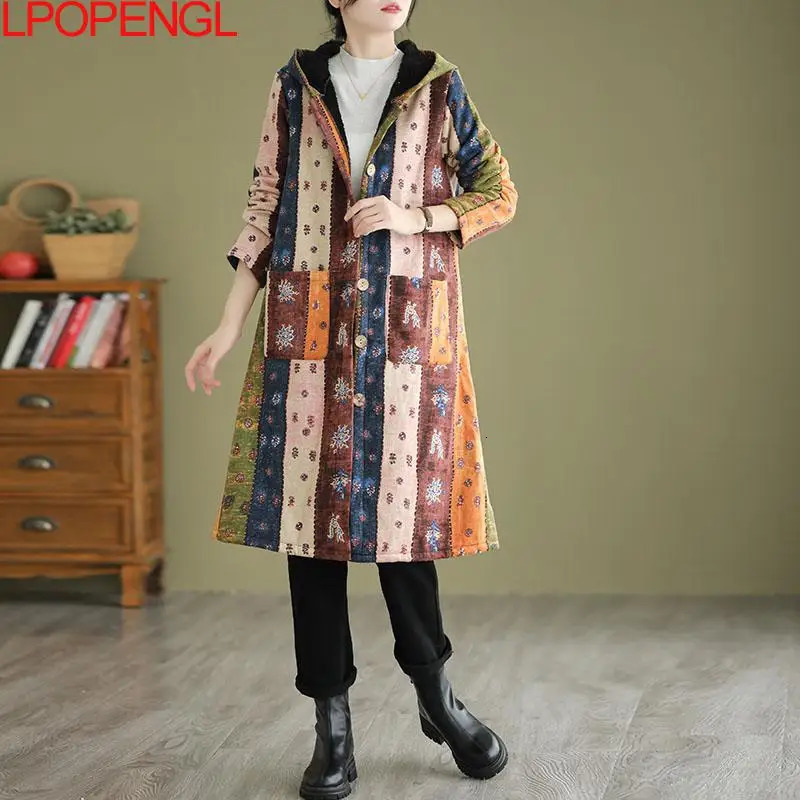 Women's Down Parkas Fashion Autumn And Winter Ethnic Style Thickened Mid-length Hooded Cotton Jacket Women Single Breasted Wide-waisted Coat 2310