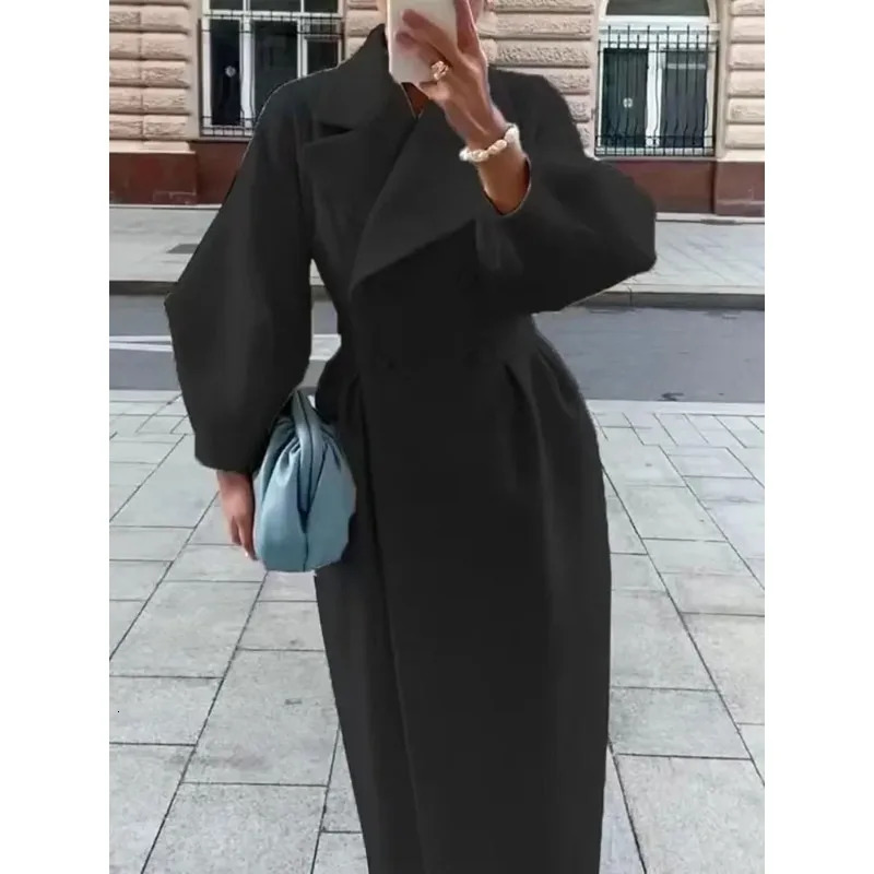 Women's Wool Blends Women Lapel Lantern Sleeve Long Jackets Solid Double Breasted Waist Fold Woolen Coat Winter Thick Warm Female Elegant Outwear