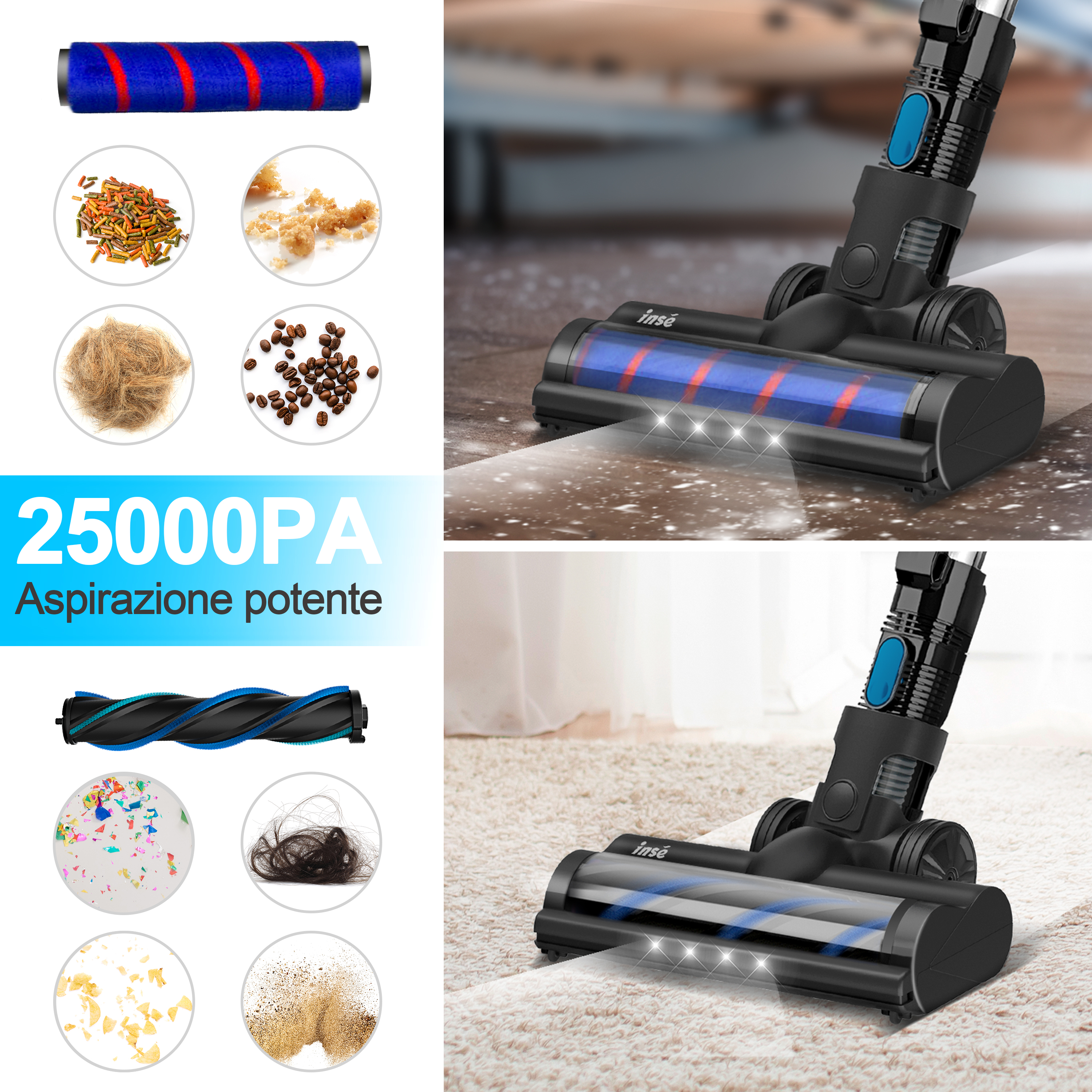 INSE Cordless Vacuum Cleaner, 10-in-1 28Kpa Powerful Cordless Stick Vacuum with Pet Hair Tool, Rechargeable Cordless Vacuum 45min Runtime Lightweight 