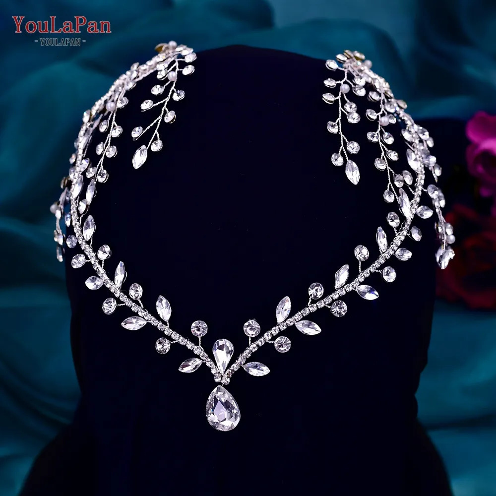 Headbands YouLaPan Rhinestone Wedding Forehead Headband Women Headdress Water Drop Bridal Head Tiara Bride Head Piece with Combs HP466 231025