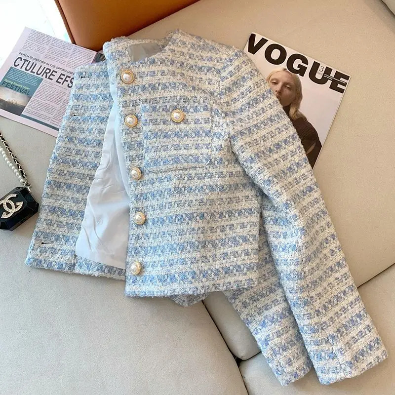 Women's Jackets Striped Tweed Striped Crop Jackets Tops Women Autumn Button Pockets Long Sleeve Korean Vintage Female Outerwear Tops Coat 231026