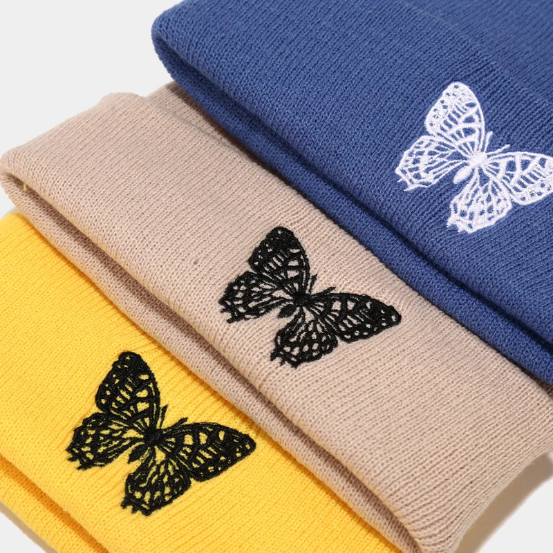 Beanie Skull Caps Fashion Knitted Beanies Hat Butterfly Embroidery Winter Warm Ski Hats Skullies Soft Elastic Cap Sport Bonnet Men Women 231025