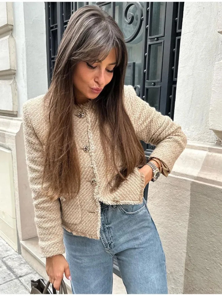 Women's Jackets Women Elegant Pockets Tweed Bomber Jackets Fashion Solid O-neck Single Breasted Warm Coats Female Autumn Chic Crop Outwear Coat