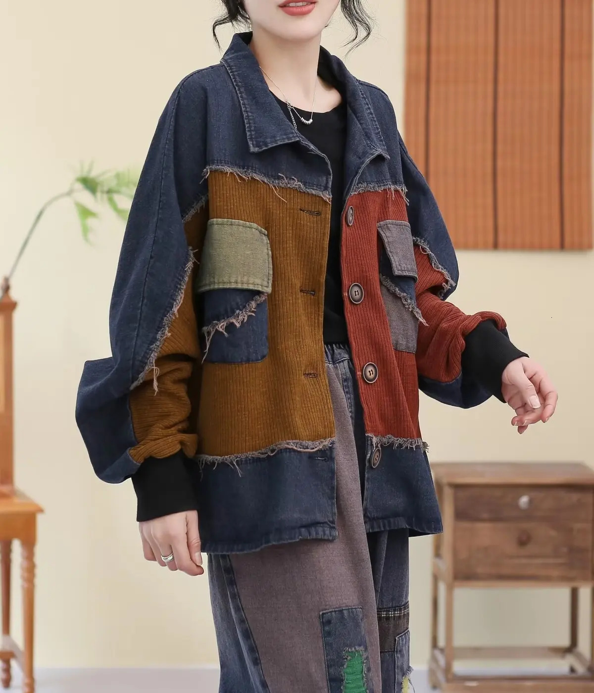 Women's Jackets Autumn Literary Vintage Loose Casual Distress Patch Raw Edge Denim Jacket Women Patchwork Long Sleeves Streetwear Coat 231025