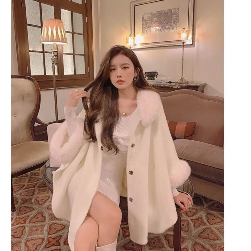 Women's Wool Blends Winter Women Solid Elegant Faux Fur Collar Loose Woolen Coats Women Mid-length Korean Sleeveless Casual Ladies Cape Coats 231