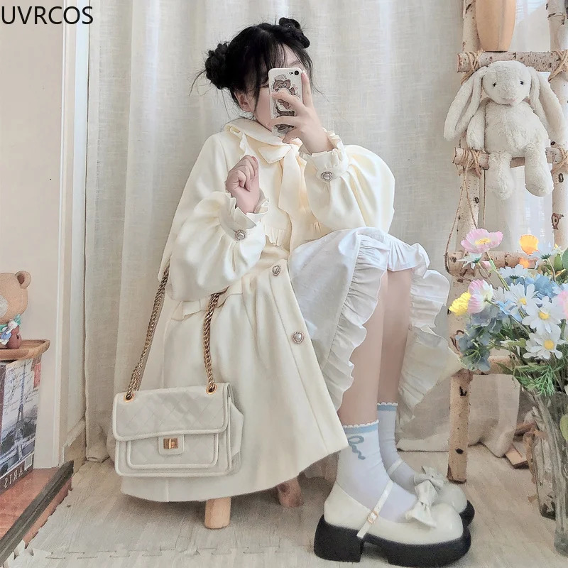 Women's Wool Blends Winter Women's Woolen Coat Japanese Lolita Style Sweet Kawai Bow A-Line Loose Jackets Female Elegant Fall Korean Fashion