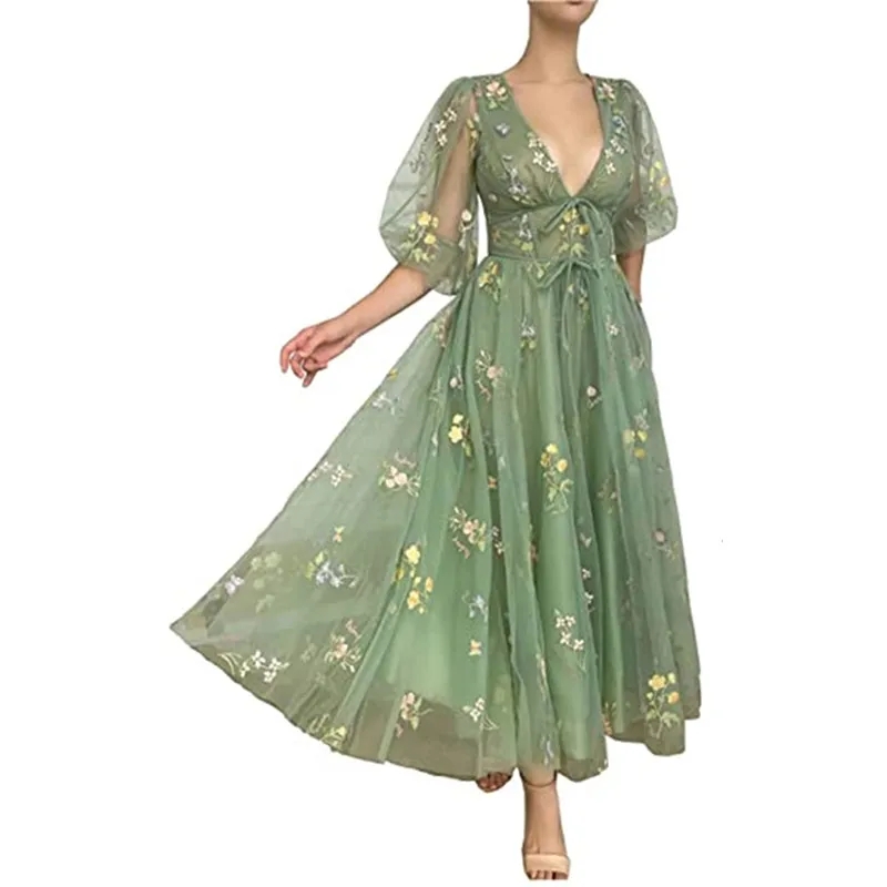 Women Puffy Sleeve Tulle Fairy ral Lady Chic Tea Length Summer Bridesmaid Dress wer Lace Formal Evening Prom Gowns