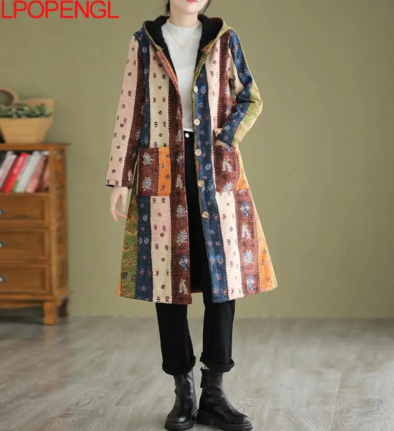 Women's Down Parkas Fashion Autumn And Winter Ethnic Style Thickened Mid-length Hooded Cotton Jacket Women Single Breasted Wide-waisted Coat 2310