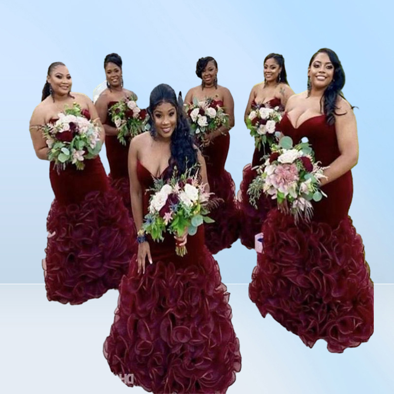 Burgundy Bridesmaid Dresses Organza Ruffle African Pron Gowns Wedding Guest DressesS trapless Velvet Laceup Backless Evening Dres2