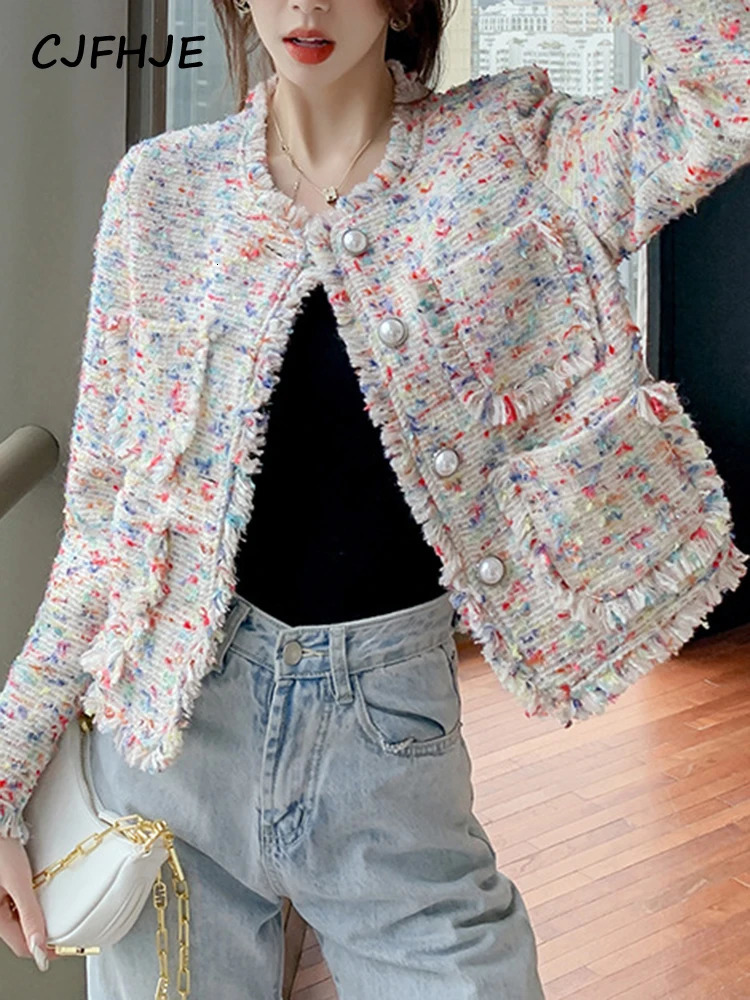 Women's Jackets CJFHJE Fragrant Coat Women's Autumn Winter French Fashion Rainbow Color Tweed Fringed Coat Ladies Sweet Short Wool Jacket 23