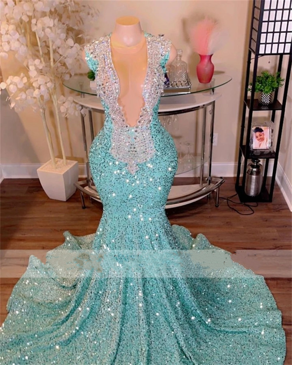 Green Mint Sequin Mermiad Dresses Black Girl For Robe De Bal Sheer Neck Plus Size Sweep Train Prom Party Gowns