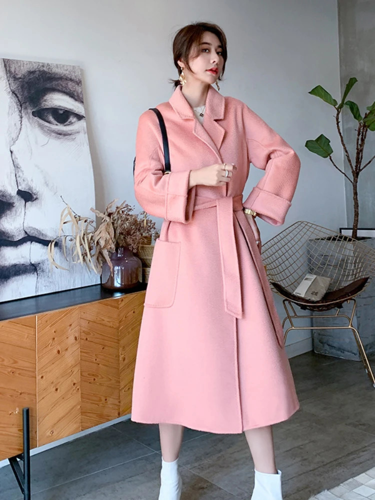 Women's Wool Blends Women Double-Sided 20% Cashmere Wool Coat Jacket Women Long Beautiful Woolen Winter Autumn Warm Fashion Water Ripple Cloak 23