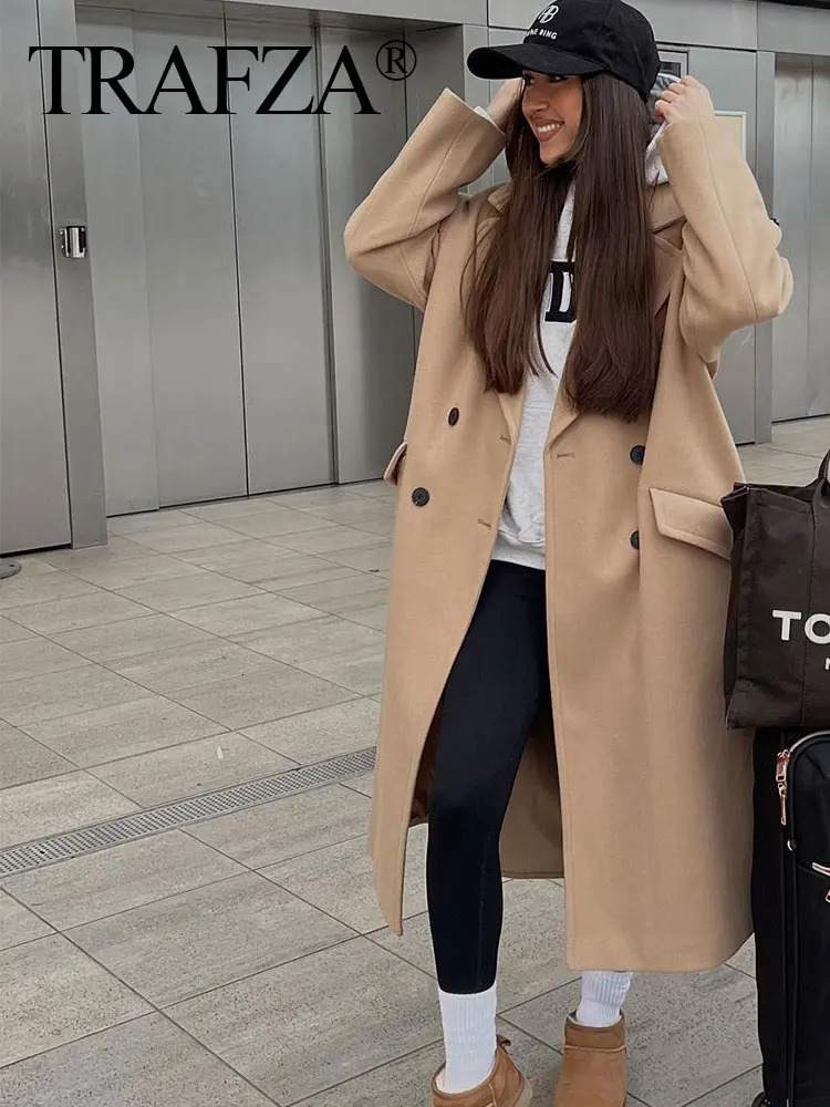 Women's Wool Blends TRAFZA Women Lapel Straight Overcoat Casual Double-Breasted Office Ladies Long Coat Autumn Winter Solid Streetwear Coats 2310