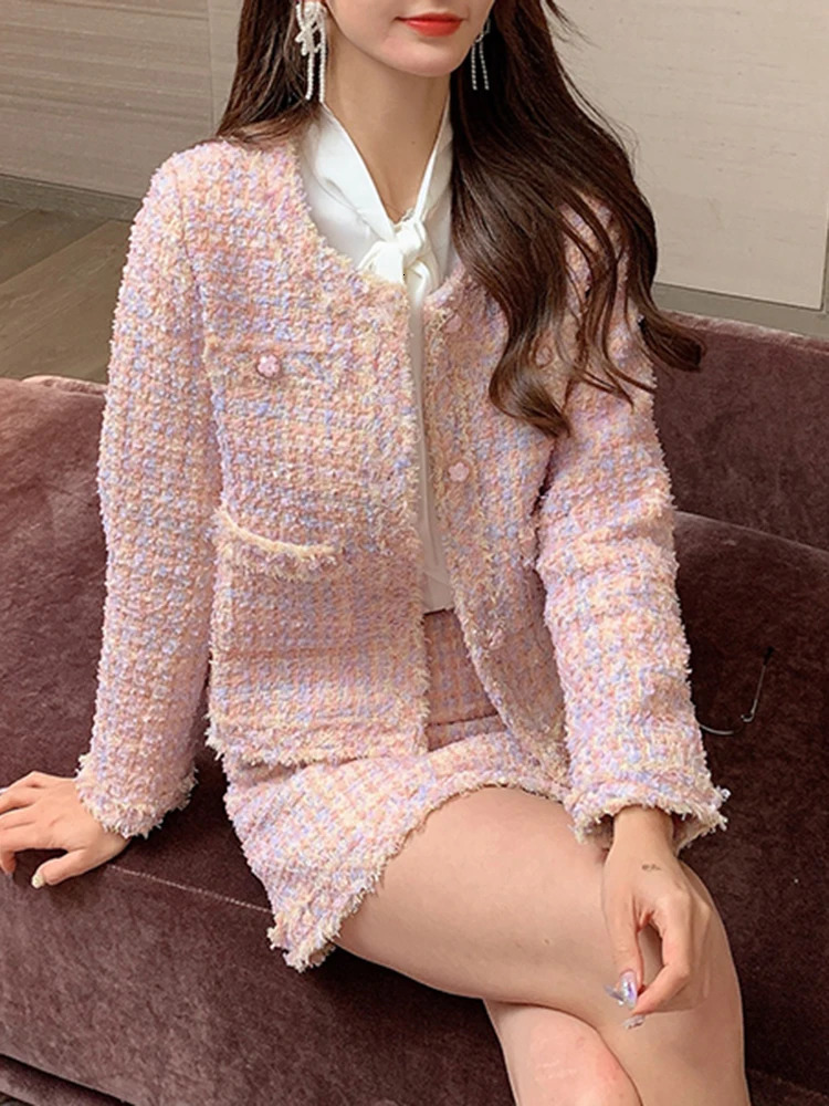 Two Piece Dress Pink Tweed Two Piece Sets Womens Outifits Elegant Sweet Long Sleeve O Neck Coats High Waist Mini Skirts Autumn Winter 231026