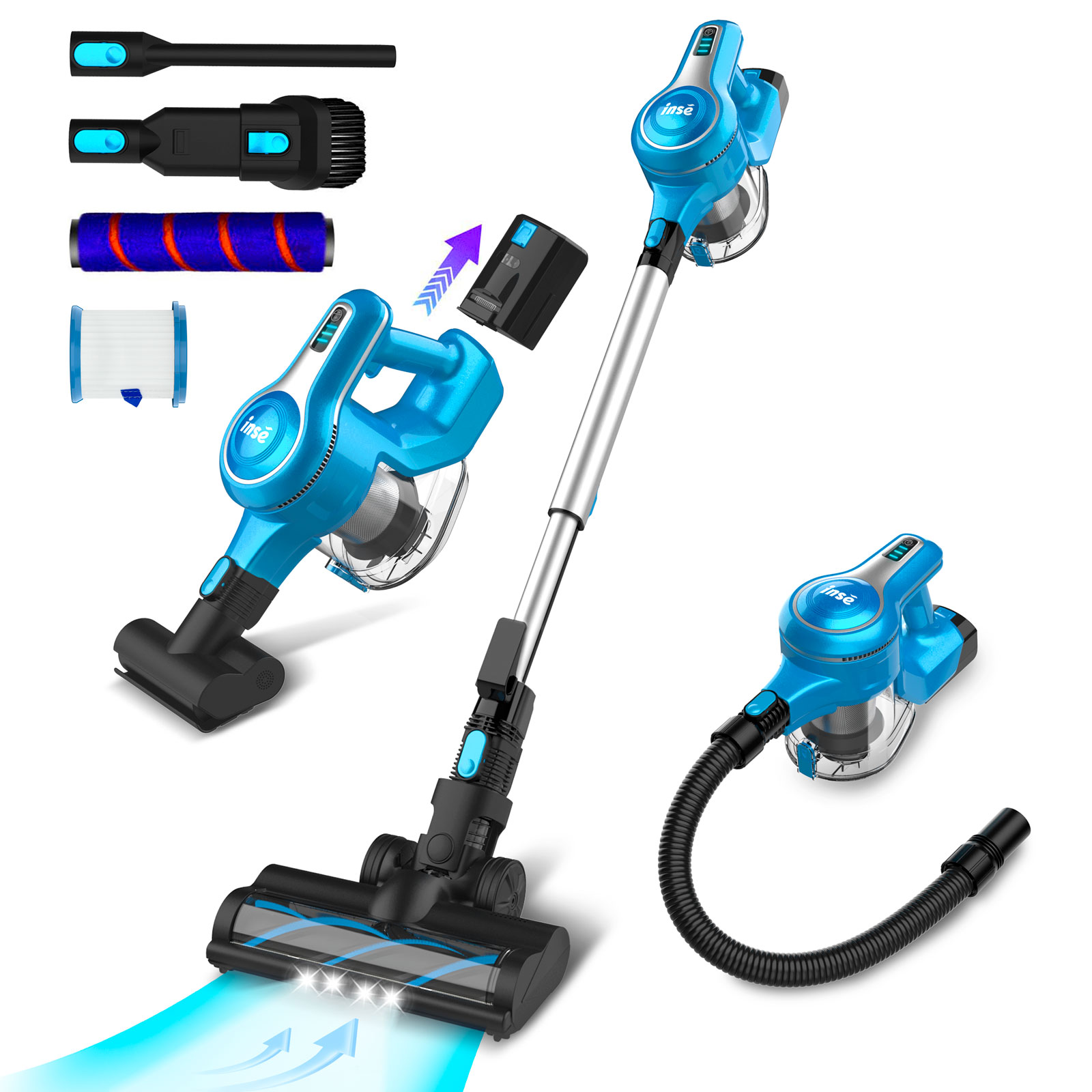 INSE Cordless Vacuum Cleaner, 10-in-1 28Kpa Powerful Cordless Stick Vacuum with Pet Hair Tool, Rechargeable Cordless Vacuum 45min Runtime Lightweight 