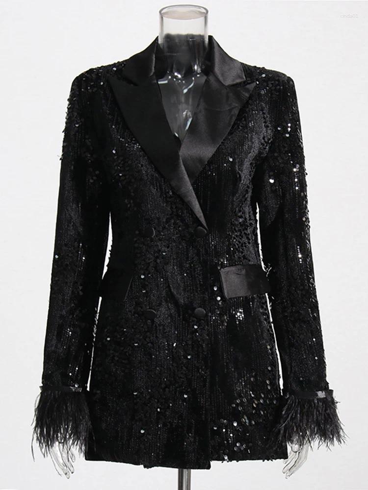 Womens Jackets HIGH STREET Est Fashion Designer Feather Coat Stylish Double Row Button Sequin Ostrich Hair Embellished Blazer AAA Discount for in-stor
