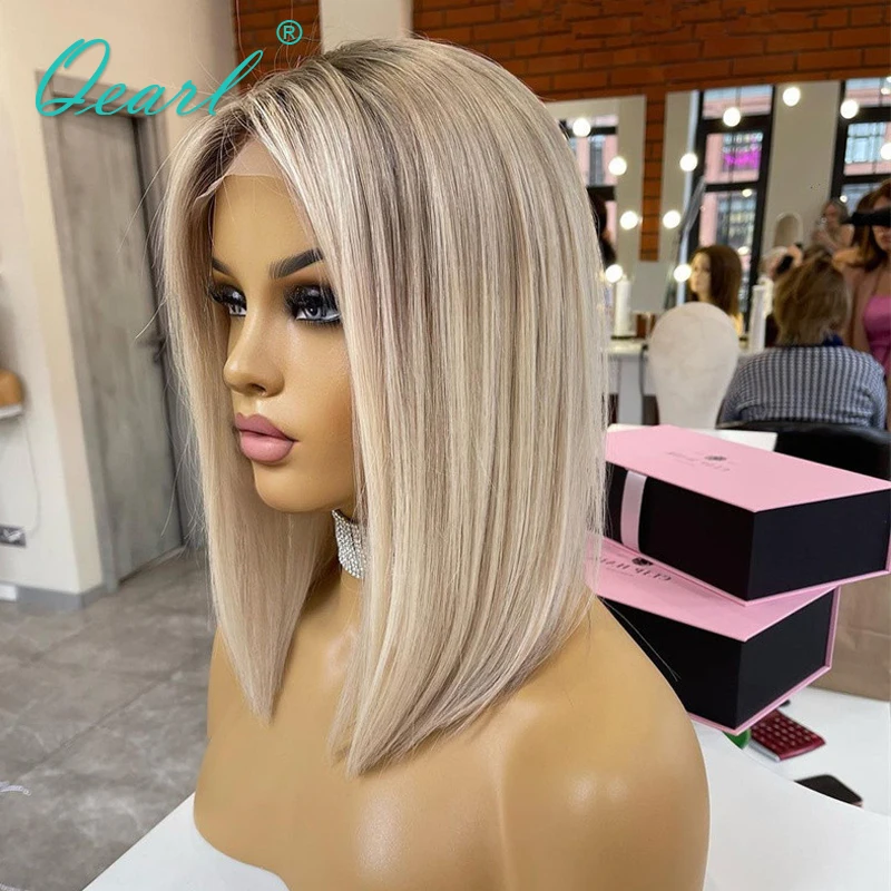 Peruvian Human Hair Ombre Ash Blonde Colored Short Bob 13X4 Lace Front Wig Gluelesspixie Cut Straight Synthetic Frontal Wigs For Women 250820