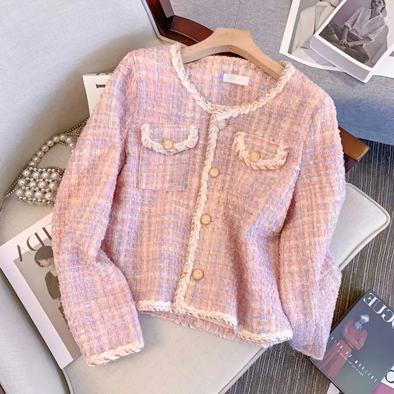Women's Jackets Women Pink Plaid Tweed Coat Jacket Women's Outwear Tops Spring Autumn Elegant Long Sleeve Single Breasted Overcoat Female 23