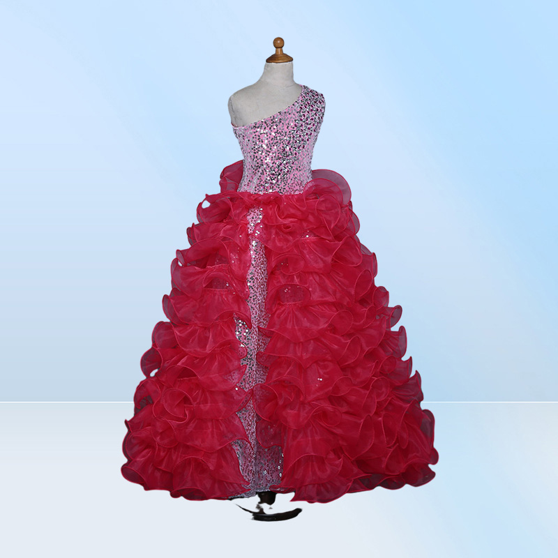 Fashion Sliver Sequined Girls Pageant Dresses Cheap One shoulder Organza Ruffle Crystal Long Prom Evening Dress For Kids