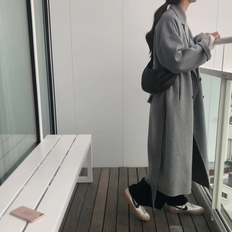 Women's Wool Blends Winter Korean Handmade Double Breasted Long 100% Wool Coat Women Casual Loose Lacing Belt Woolen Overcoat Oversized 231025