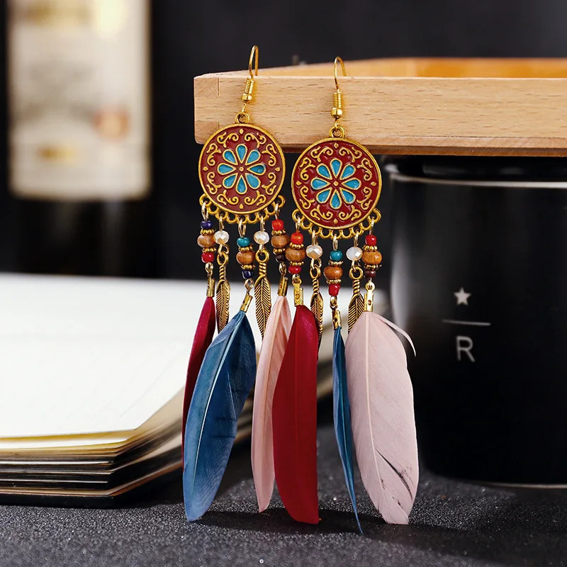 Charm Boho Long Feather Dangle Women's Earrings Beach Long Tassel Beads Handmade Flower Enamel Earrings Bride Wedding Pendientes Mujer 231025
