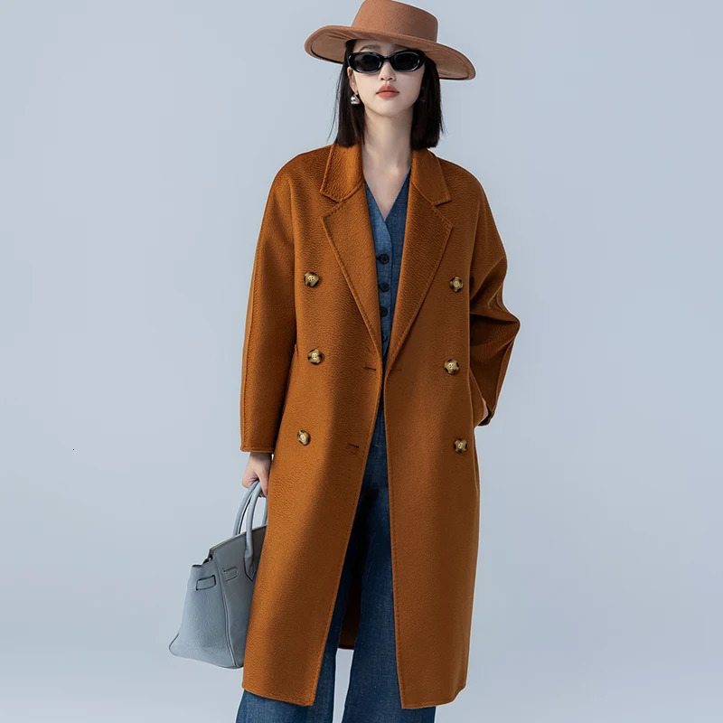 Women's Wool Blends Autumn/Winter Long Cashmere Coat Women water corrugated double breasted windbreaker Woolen Women's Long wool coat 231025