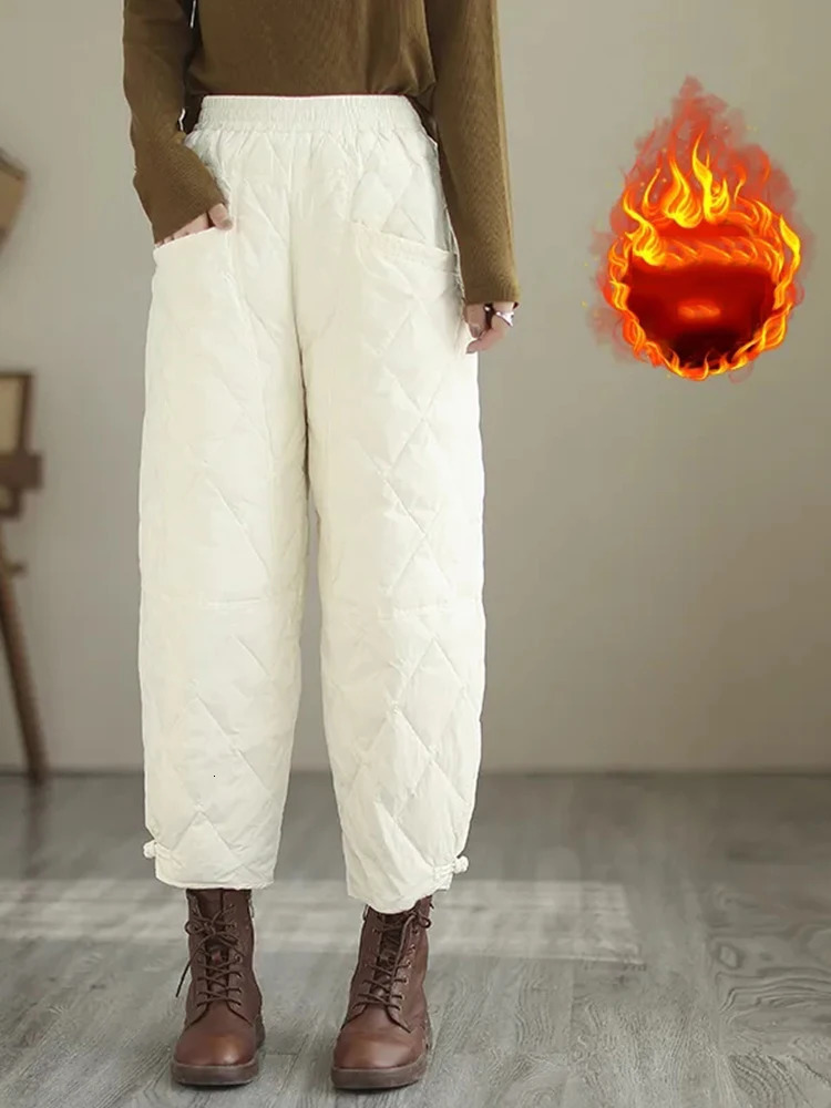 Women's Pants Capris Thicken Down Cotton Wide Leg Pants Womens Warm Casual Pantalones Vintage High Waist Baggy Snow Straight Sweatpants 231025