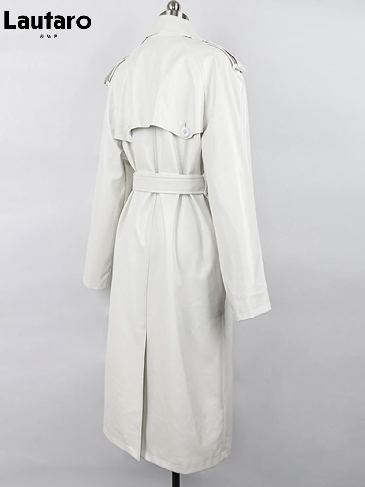 Women's Leather Faux Leather Lautaro Autumn Long Oversized Black Faux Leather Trench Coat for Women Long Sleeve Belt Double Breasted Loose Fashio