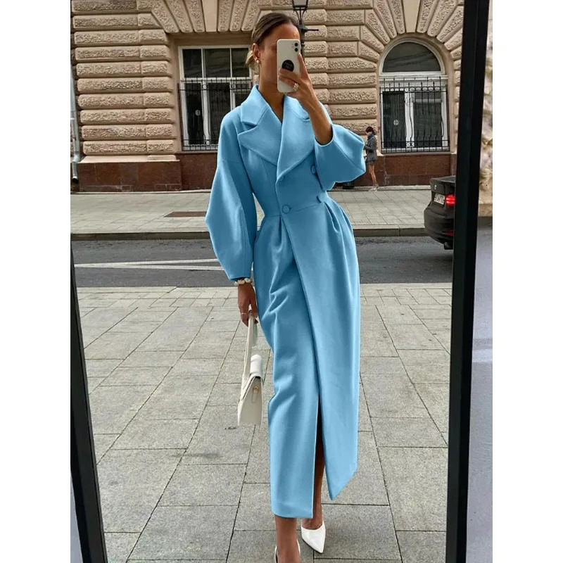 Women's Wool Blends Women Lapel Lantern Sleeve Long Jackets Solid Double Breasted Waist Fold Woolen Coat Winter Thick Warm Female Elegant Outwear