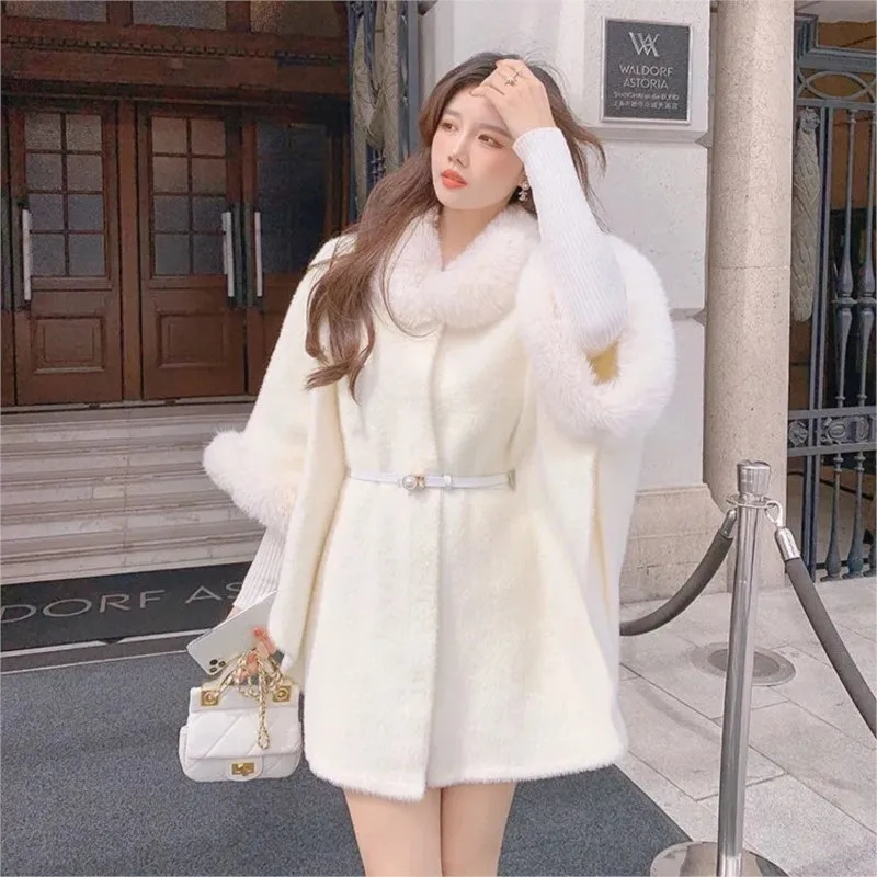 Women's Wool Blends Winter Women Solid Elegant Faux Fur Collar Loose Woolen Coats Women Mid-length Korean Sleeveless Casual Ladies Cape Coats 231