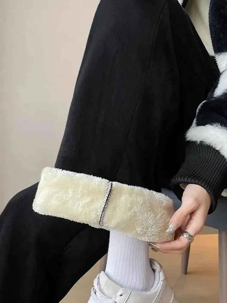 Women's Pants Capris Winter Warm Thicken Lambwool Fluff Wide Leg Pants Women Korean Fashion Casual Snow Wear Pantalone Baggy Plush Fleece Spodnie