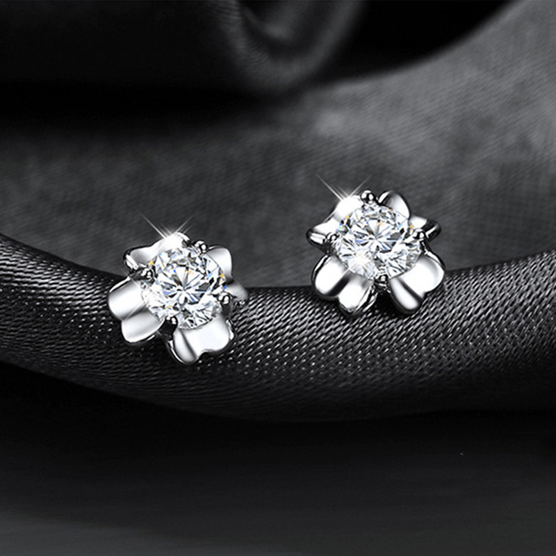 Women's Sterling Silver Round CZ Stud Earrings - Luck-Inspired Design for Festivals