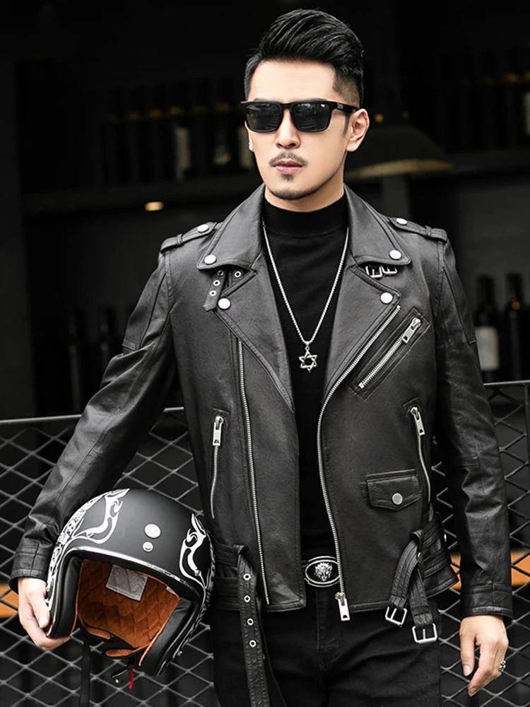 Men's Leather Faux Leather Mauroicardi Spring Autumn Short Cool Black Leather Biker Jacket Men Zipper Long Sleeve Belt Plus Size European Fashion
