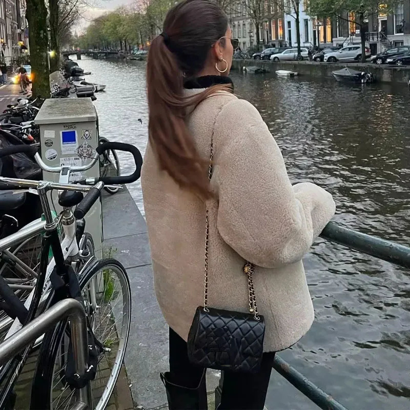 Women's Fur Faux Fur TRAF Fur Coat Women Plush Jackets Autumn Winter Long Sleeves Faux Fur Fleece Jacket Female Coat Gentle Fur Integrated Outerw