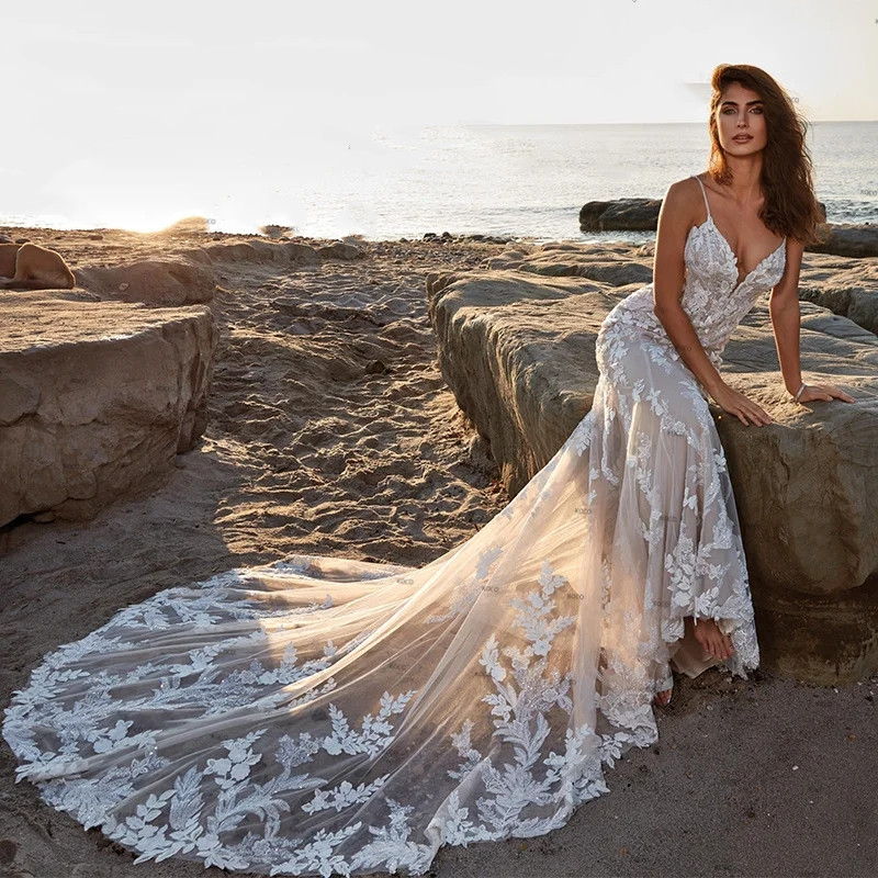 Boho Mermaid Floral Weeding Dress Deep V-Neck Lace Appliques Bridal Gownss Brides Robes De Mariee