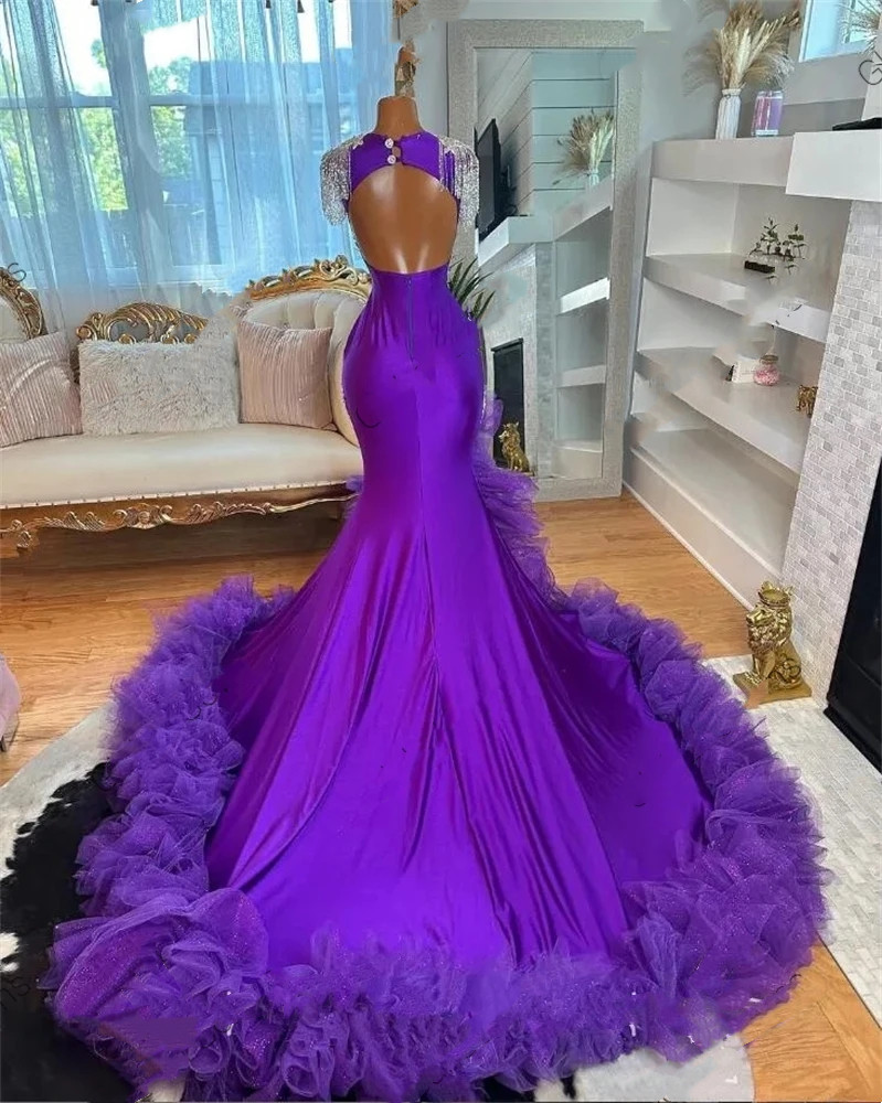 Long Prom Purple For Black Girls Beaded Rhintone Birthday Party Drs Crystal Ruffl High Slit Evening Gown