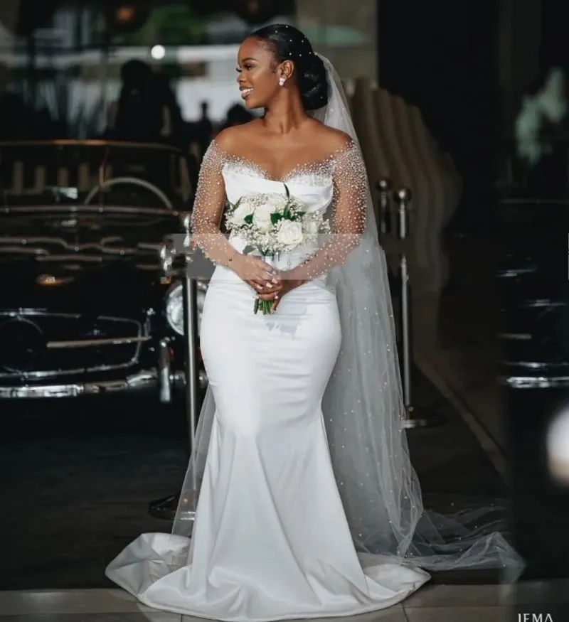 New Africa Mermaid Wedding Dresses with Detachable Train 2024 Sheer Neck Long Sleeve Satin Beading Crystal Bridal Gowns Vestidos De Novia