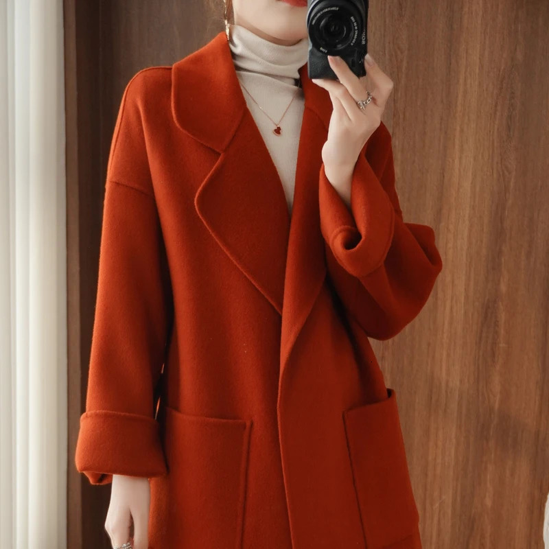 Women's Wool Blends Autumn and Winter pure wool reversible woolen coat Women's Mid-length woolen coat loose overknee cashmere woolen coat th