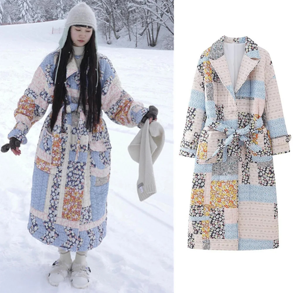 Women's Wool Blends PB ZA 2023 Autumn Fashion European and American Style Casual Belt Printed Quilted Cotton Long Coat 231026