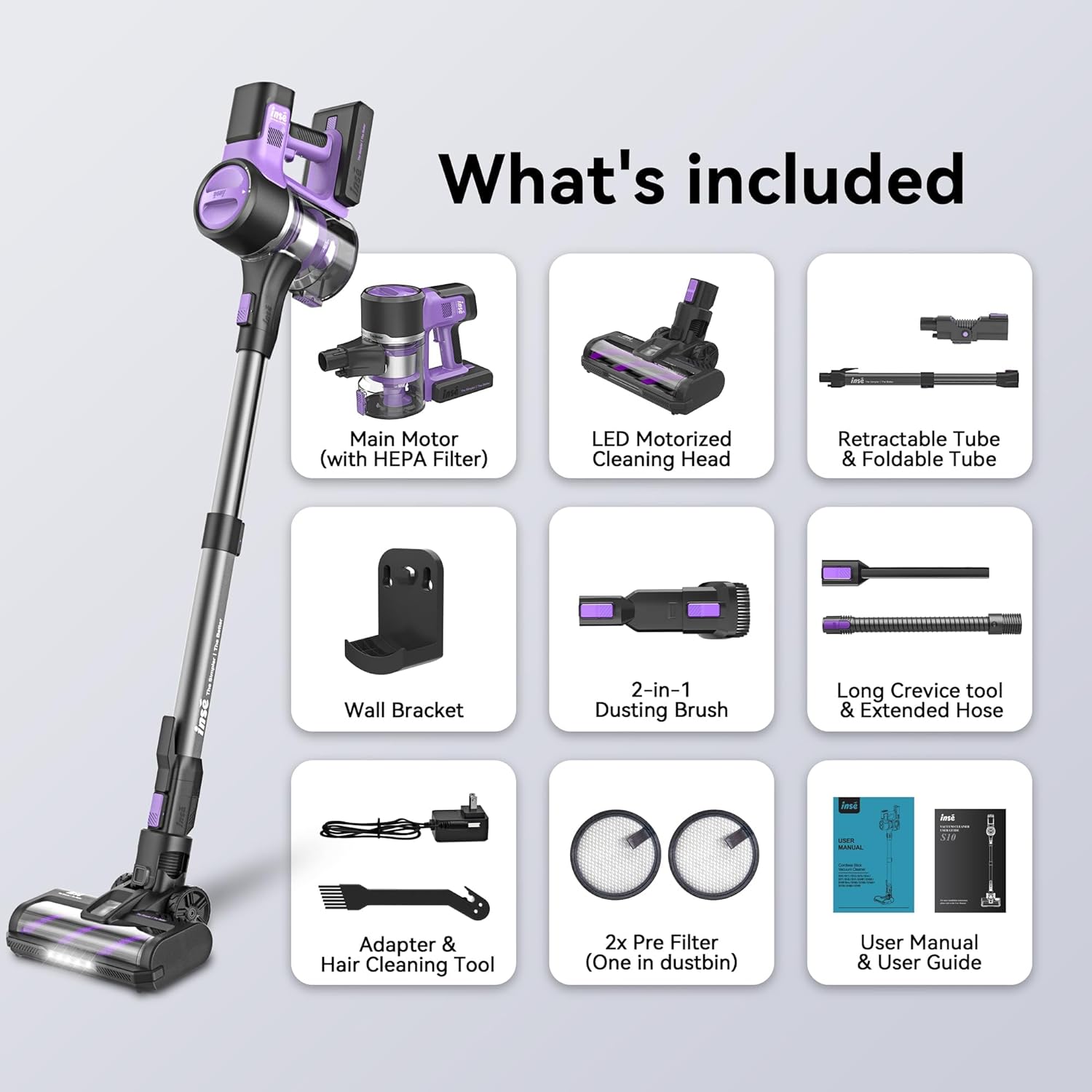 INSE Cordless Vacuum Cleaner, 9-in-1 Stick Vacuum with 26Kpa 350W Suction, Max 50 Min Runtime Vacuum for Home, Bendable Household Vacuum for Hard Floo