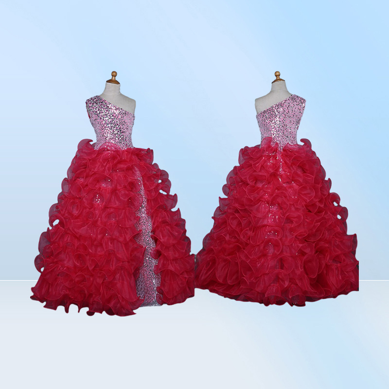 Fashion Sliver Sequined Girls Pageant Dresses Cheap One shoulder Organza Ruffle Crystal Long Prom Evening Dress For Kids