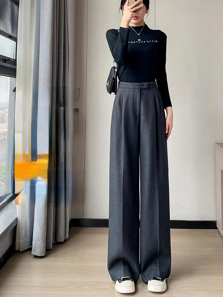 Women's Pants Capris Gray Pants for Women Solid Wool Suit Women Pants High Waist Fashion Wide Leg Pants Autumn Winter Thickening Women' S Pa