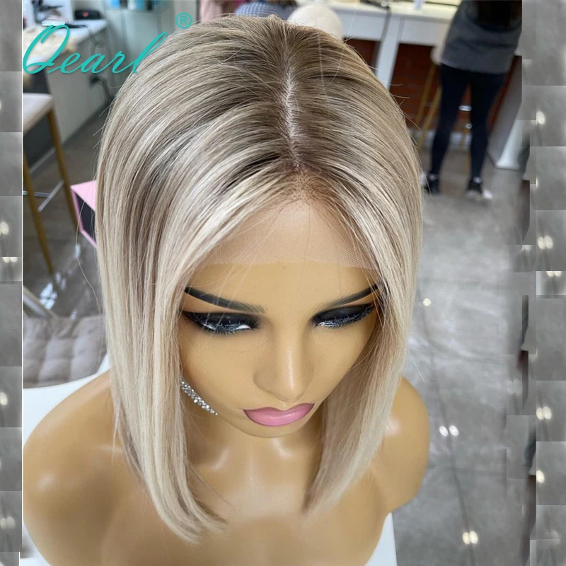 Peruvian Human Hair Ombre Ash Blonde Colored Short Bob 13X4 Lace Front Wig Gluelesspixie Cut Straight Synthetic Frontal Wigs For Women 250820