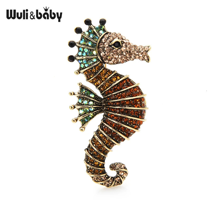 Pins Brooches Wuli baby Sparkling Rhinestone Seahorse Brooches 3color Sea Animal Office Casual Brooch Pins Gifts 231025